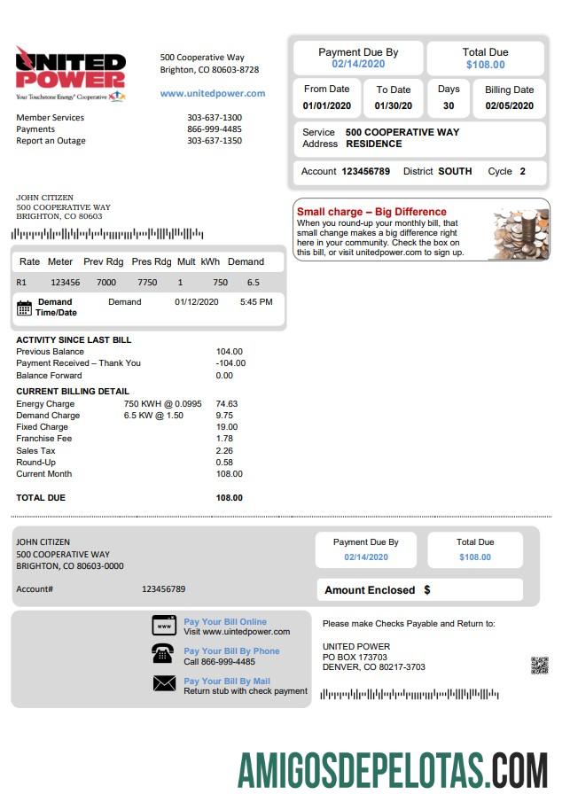 realista Modelo de conta de serviços públicos de energia dos EUA Colorado United em formato Word e PDF